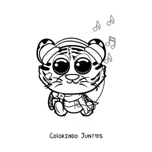 Desenho para colorir de tigre kawaii ouvindo música em um tocador portátil