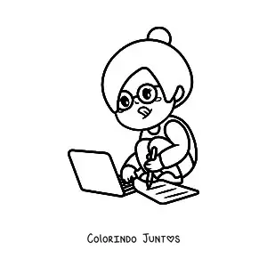 Desenho para colorir de menina kawaii fazendo lição de casa no notebook