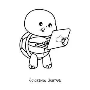 Desenho para colorir de tartaruga kawaii animada usando um notebook