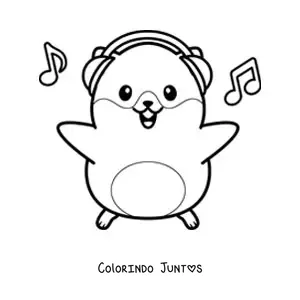 Desenho para colorir de hamster kawaii grande ouvindo música com fones de ouvido
