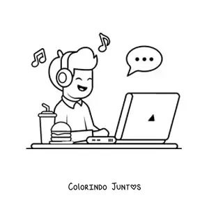 Desenho para colorir de menino kawaii ouvindo música em um notebook