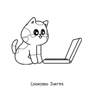 Desenho para colorir de gato kawaii sentado em frente a um notebook