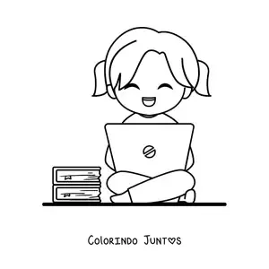 Desenho para colorir de menina kawaii estudando no notebook