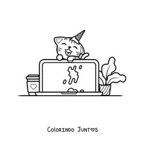 Desenho para colorir de gato kawaii sujando um notebook com sorvete