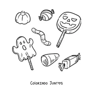 Desenho para colorir de varios pirulitos de halloween e balas