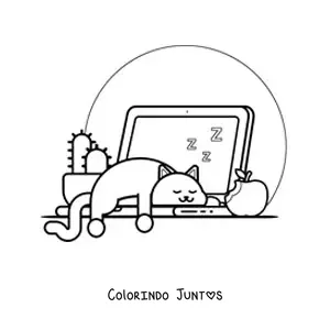Desenho para colorir de gato kawaii dormindo sobre um notebook