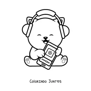 Desenho para colorir de gato kawaii ouvindo música no smartphone