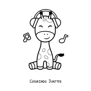 Desenho para colorir de girafa kawaii sentada ouvindo música com fones de ouvido