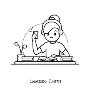 Desenho para colorir de menina kawaii tirando foto das anotações com o celular