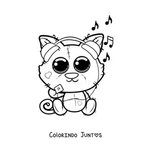 Desenho para colorir de gato kawaii ouvindo música em um tocador portátil