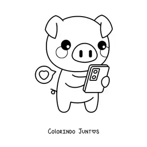 Desenho para colorir de porquinho kawaii conversando pelo celular