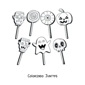 Desenho para colorir de varios pirulitos em formato de monstros e simbolos do halloween