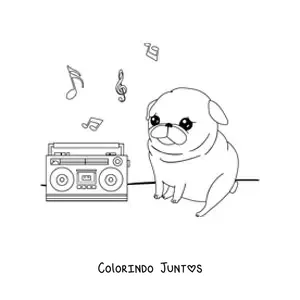 Desenho para colorir de pug kawaii ouvindo música no rádio
