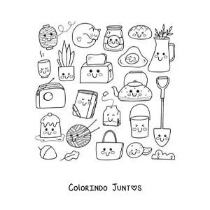 Desenho para colorir de café da manhã e coisas de casa kawaii