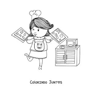 Desenho para colorir de uma menina assando biscoitos com duas bandejas nas maos