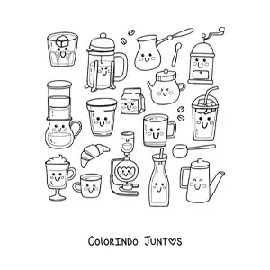 Desenho para colorir de café e comida de cafeteria kawaii