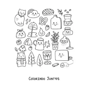 Desenho para colorir de gato e coisas de casa kawaii