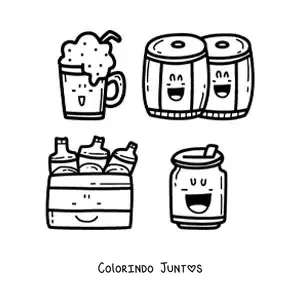 Desenho para colorir de cerveja e barris kawaii