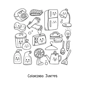 Desenho para colorir de objetos de limpeza da casa kawaii