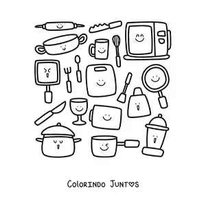 Desenho para colorir de utensílios de cozinha kawaii