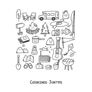 Desenho para colorir de coisas de acampamento kawaii