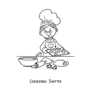 Desenho para colorir de uma vovó fazendo biscoitos com os materiais na mesa