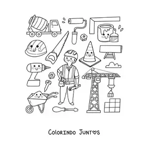 Desenho para colorir de operário e itens de construção kawaii