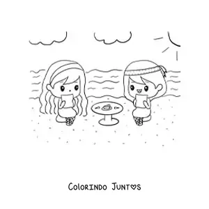 Desenho para colorir de meninas kawaii lanchando em uma mesa redonda