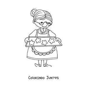 Desenho para colorir de uma vovó com uma bandeja de biscoitos em formato de estrelas