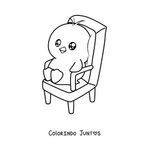 Desenho para colorir de pintinho kawaii animado sentado em uma cadeira