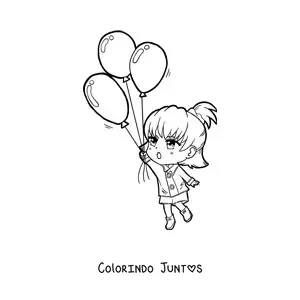 Desenho para colorir de menina kawaii voando com balões