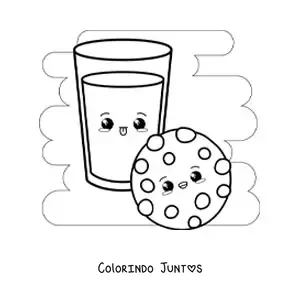 Desenho para colorir de um biscoito kawaii com gotas de chocolate e um copo de leite