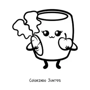 Desenho para colorir de copo cheio kawaii com maçã e cenoura
