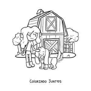 Desenho para colorir de fazendeira com cachorro animado na fazenda kawaii
