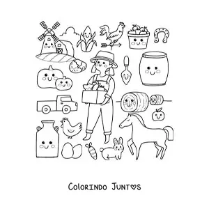 Desenho para colorir de fazendeira e coisas kawaii animadas