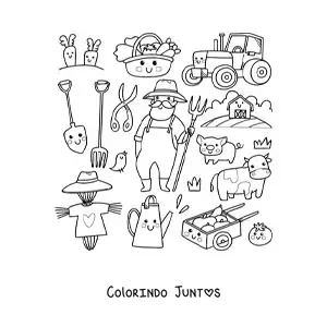 Desenho para colorir de fazendeiro e coisas kawaii animadas