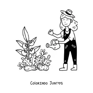 Desenho para colorir de fazendeira kawaii regando um pé de tomate