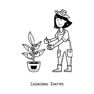 Desenho para colorir de fazendeira kawaii colhendo tomates