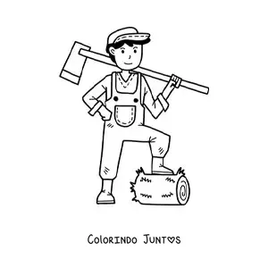 Desenho para colorir de fazendeiro kawaii cortando lenha