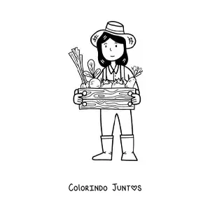 Desenho para colorir de fazendeira kawaii com vegetais colhidos em uma caixa