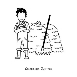 Desenho para colorir de fazendeiro kawaii com ancinho ao lado de um monte de feno