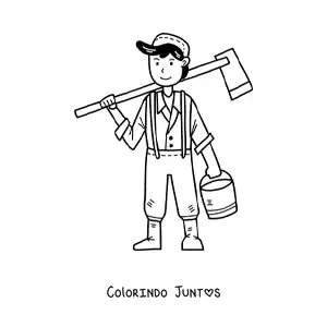 Desenho para colorir de menino fazendeiro kawaii com um balde e uma pá
