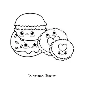 Desenho para colorir de dois biscoitos kawaii recheados e dois com um coração no centro