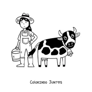 Desenho para colorir de menina fazendeira kawaii ordenhando uma vaca