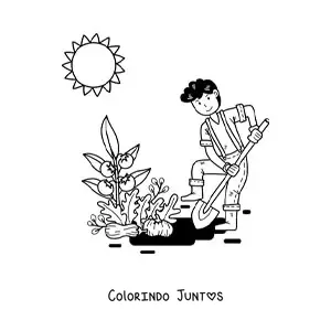 Desenho para colorir de menino fazendeiro kawaii plantando tomates sob o sol