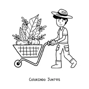 Desenho para colorir de menino fazendeiro kawaii puxando uma carroça com vegetais colhidos
