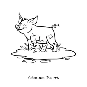 Desenho para colorir de porco kawaii brincando na lama