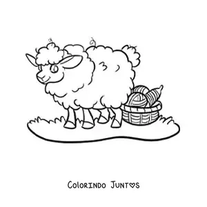 Desenho para colorir de ovelha kawaii ao lado de uma cesta com lã