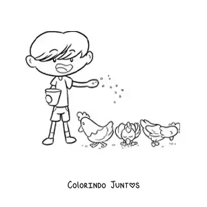 Desenho para colorir de menino fazendeiro kawaii alimentando os pintinhos