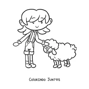 Desenho para colorir de menina fazendeira kawaii acariciando uma ovelha